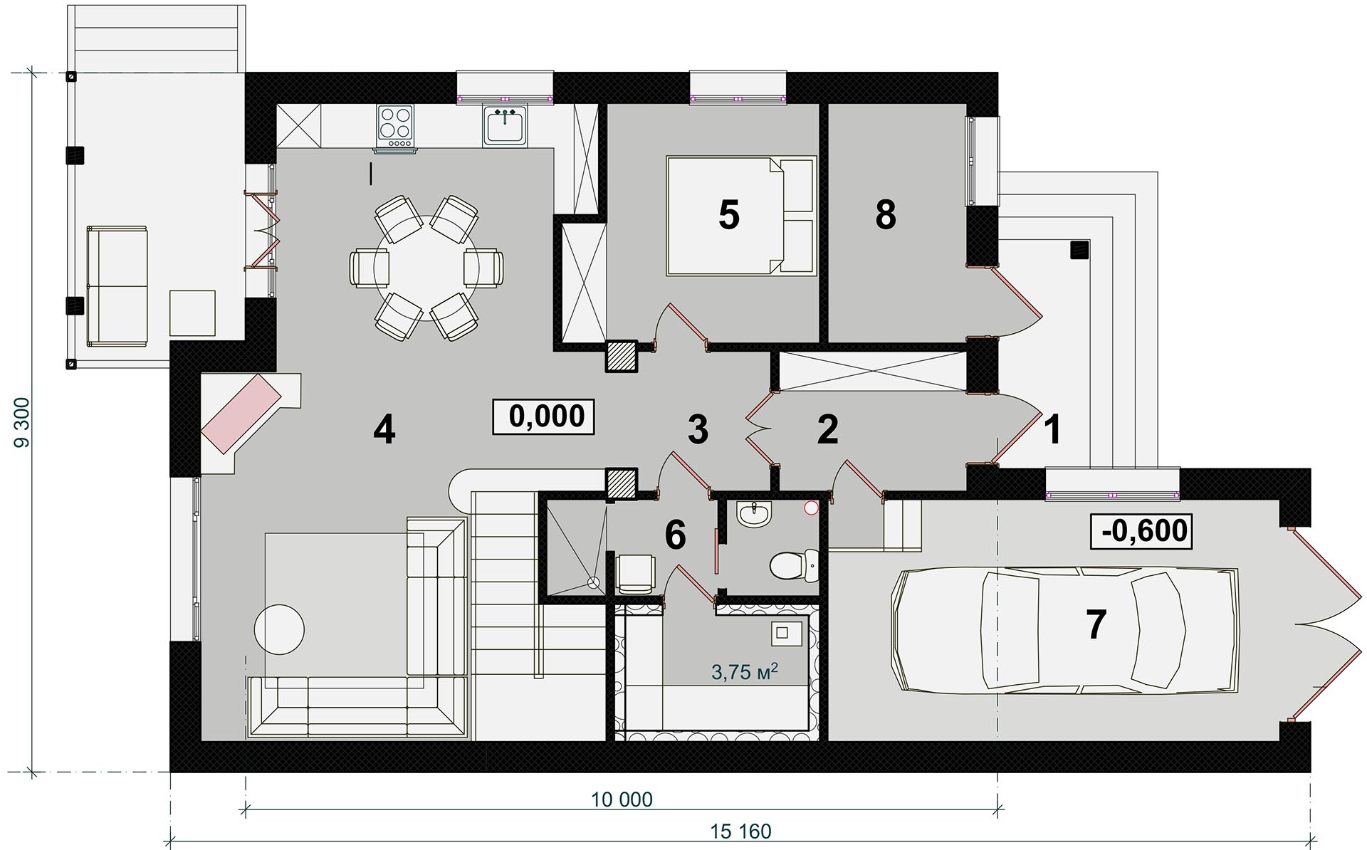 ПОВОЛЖЬЕ - план 1-го этажа дома с гаражом и сауной - готовый проект от Инваполис