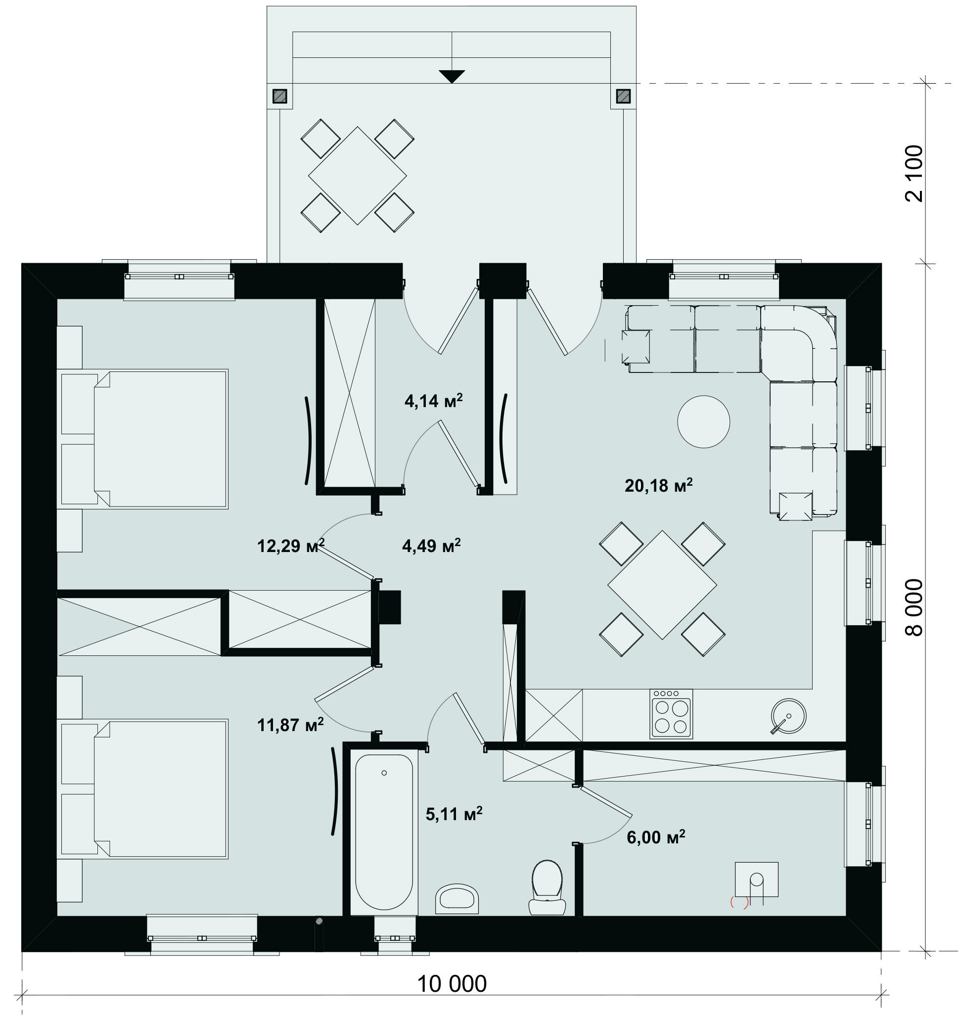 план проекта одноэтажного двухкомнатного дома 8х10