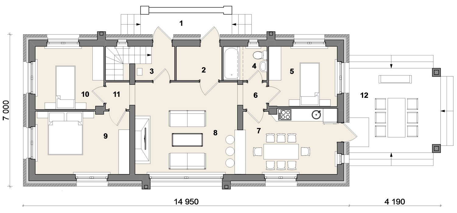 РИО 2 - планировка комнат одноэтажного дома шириной 7 метров - готовый проект от Инваполис