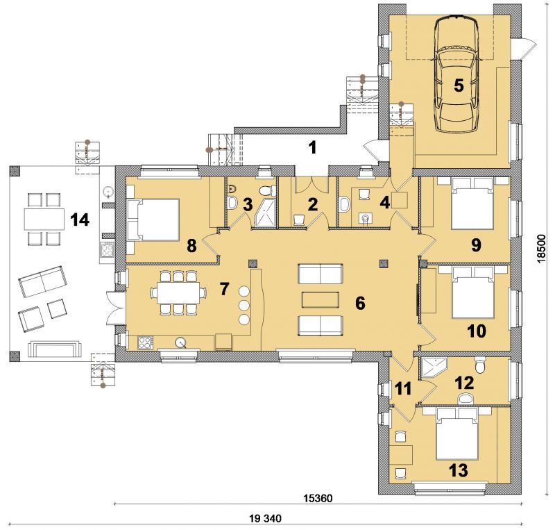 план одноэтажного дома с 4 спальнями и гаражом