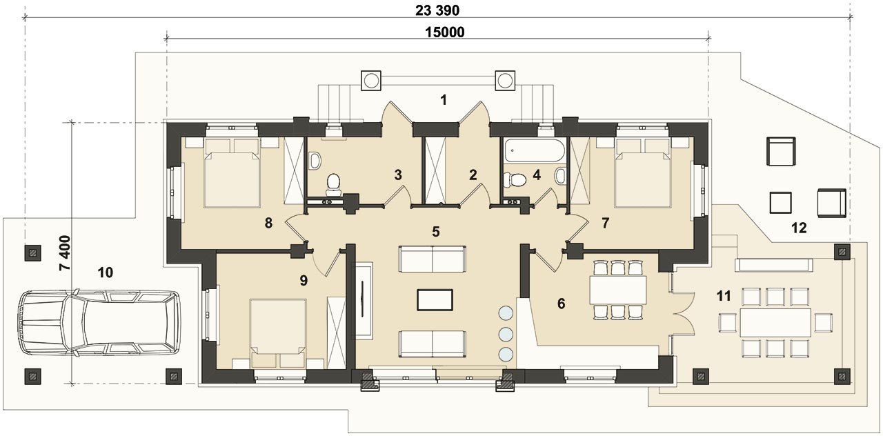 РИО 87 - план одноэтажного узкого дома 8 на 15 метров с тремя спальнями - Готовый проект Инваполис