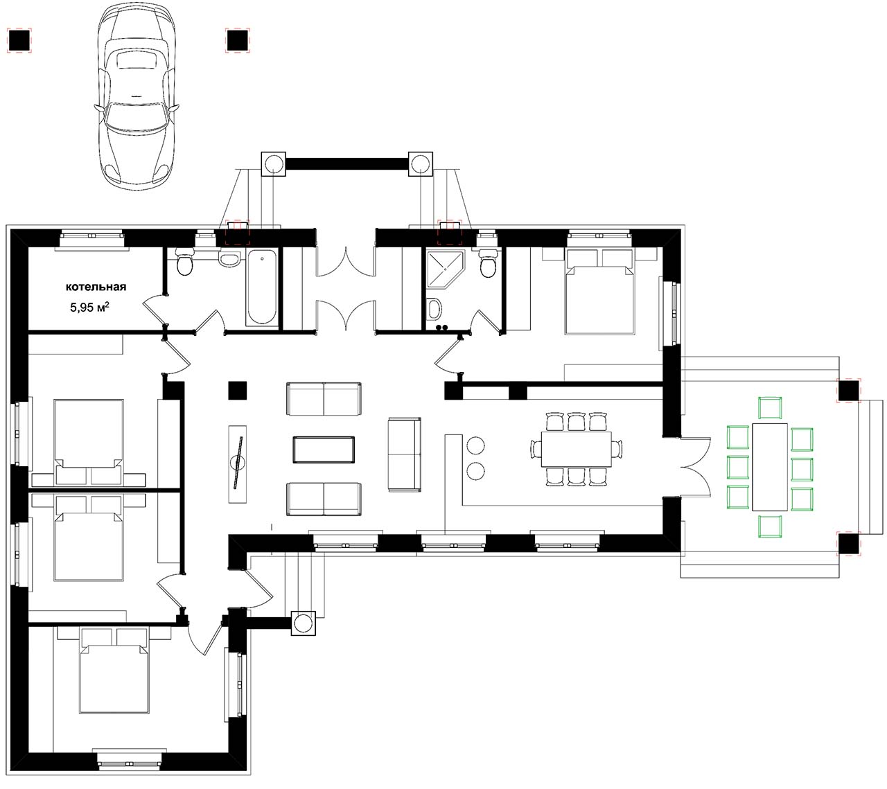 вариант плана одноэтажного дома с мастер-спальней