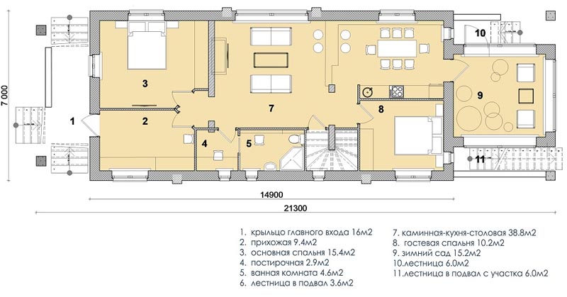 план проекта одноэтажного узкого дома РИО 110 размером 7 х 15 метров