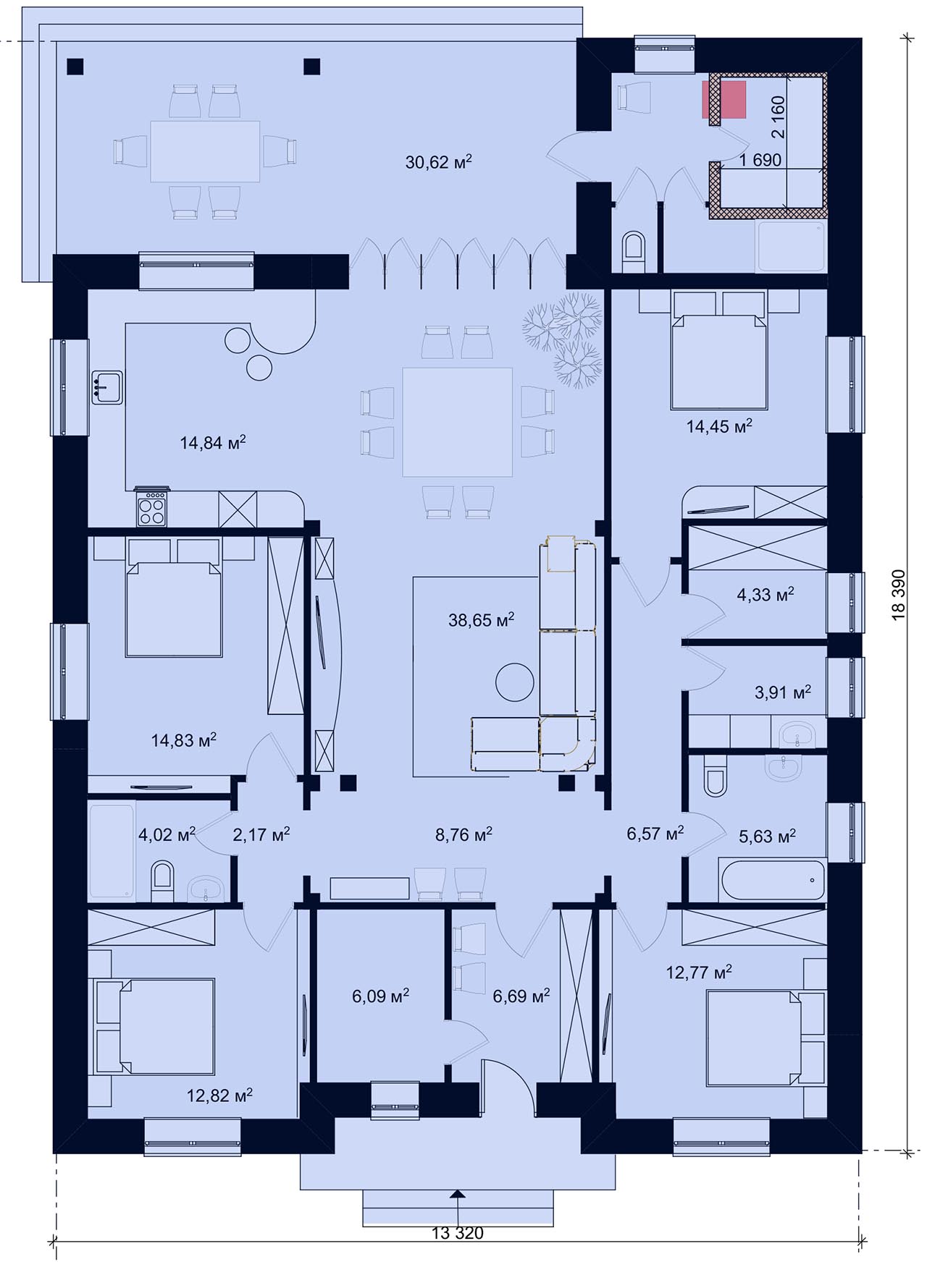План одноэтажного дома с 4 спальнями террасой и баней