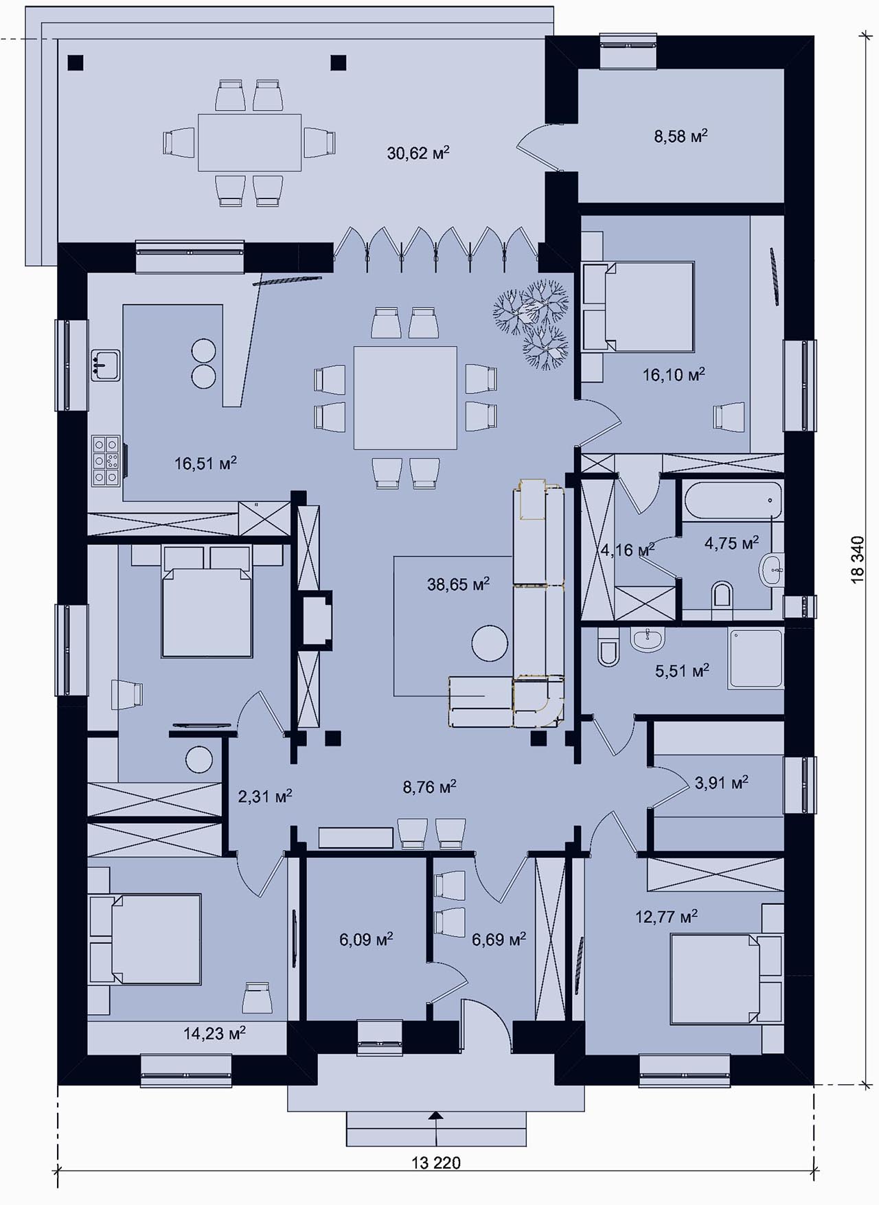 планировка одноэтажного дома с большой кухней и мастер-спальней