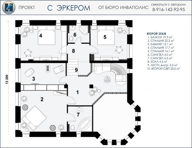 С эркером - коттедж 12 на 12 метров Мансарда -  готовый проект от Инваполис