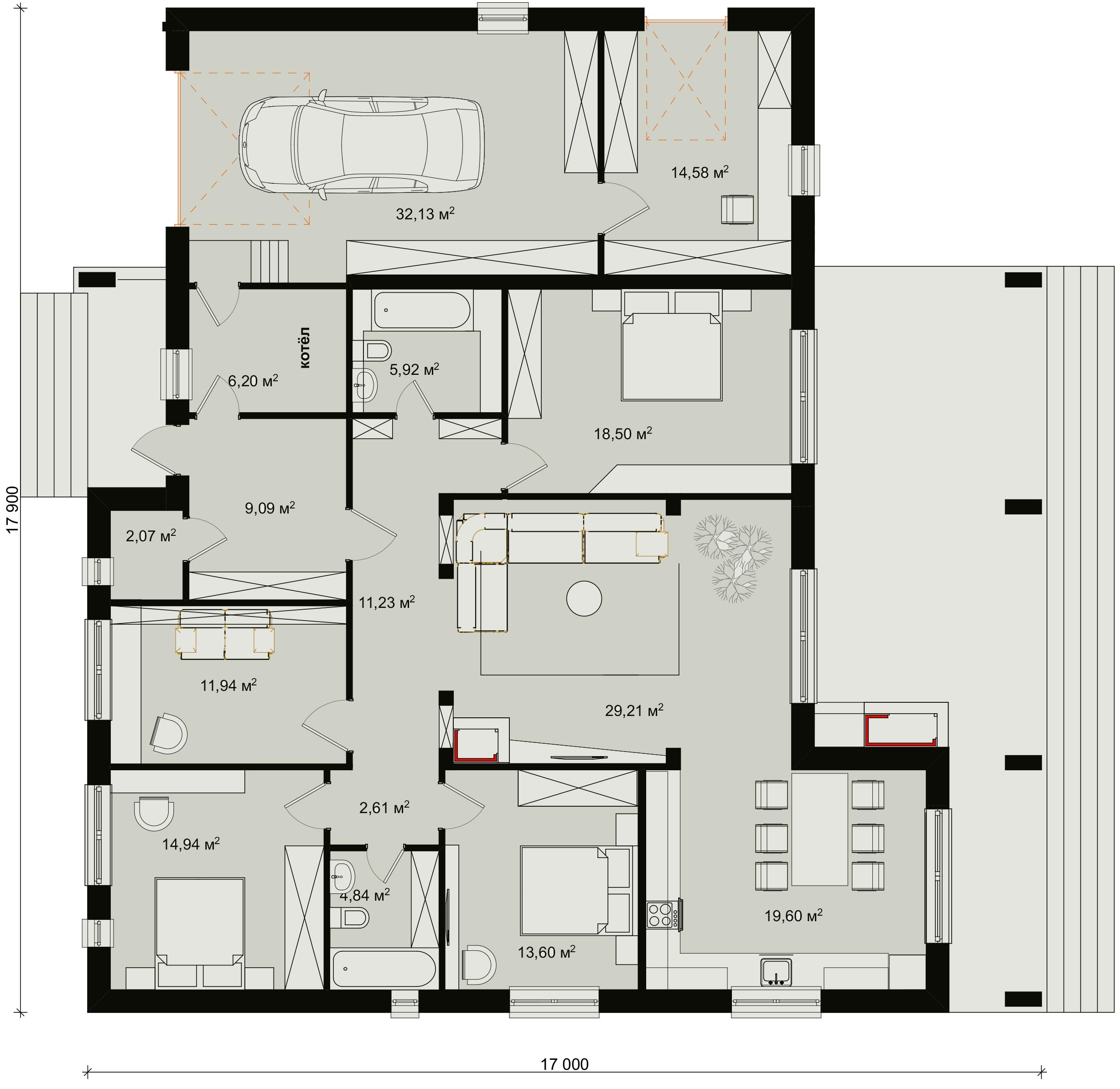 план проекта одноэтажного дома шале с 4 спальнями и гаражом