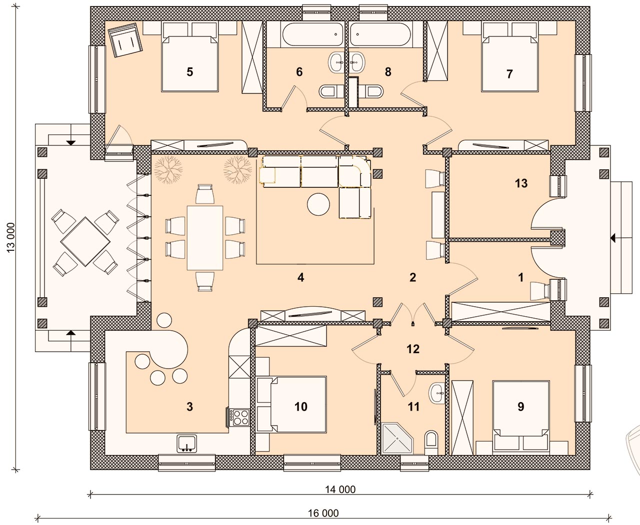 План одноэтажного дома САМАРА 13 х 14 с 4 спальнями
