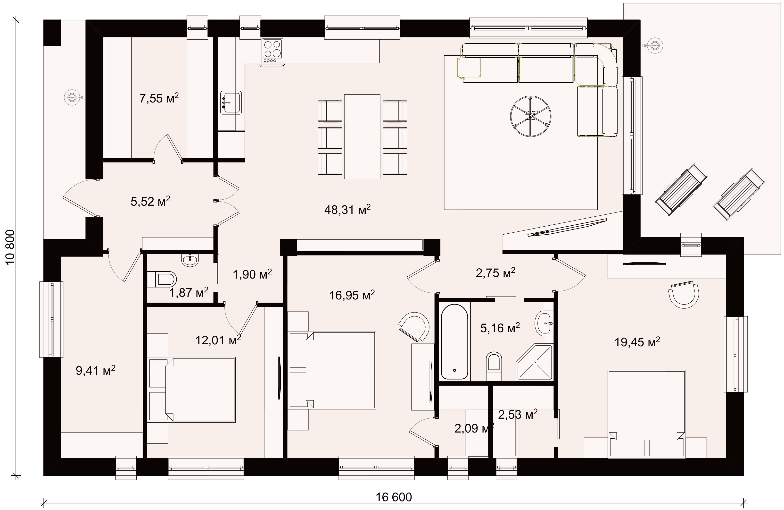 Планировка простого одноэтажного дома 11х19 для длинного участка