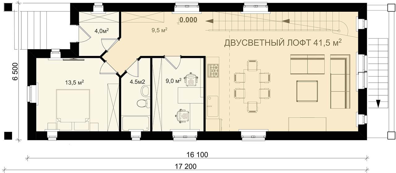план первого этажа узкого удобного двухэтажного дома шириной 6 метров