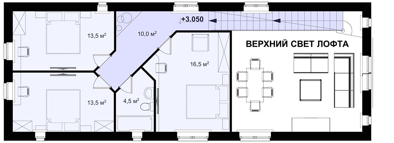 план второго этажа узкого удобного двухэтажного дома шириной 6 метров