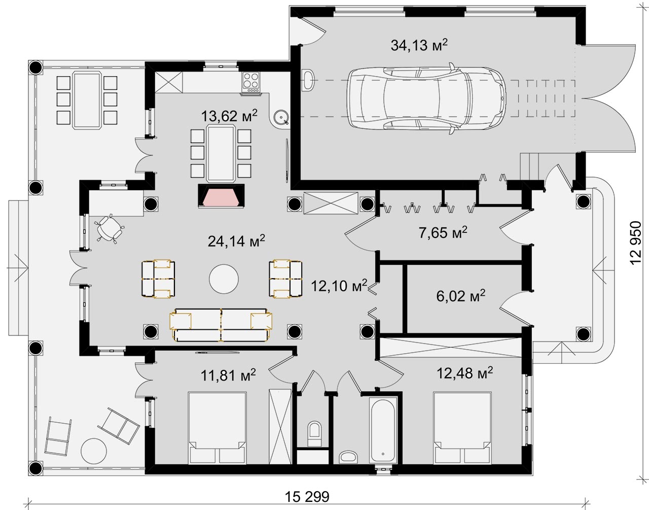 СИЦИЛИЯ - план этажа одноэтажного каменного дома 13 на 15 метров с большим гаражом - готовый проект от Инваполис