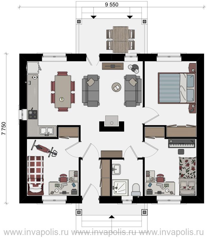 план одноэтажного трехкомнатного дома 8 на 10 - готовый проект коттеджа из пеноблока ИНВАПОЛИС