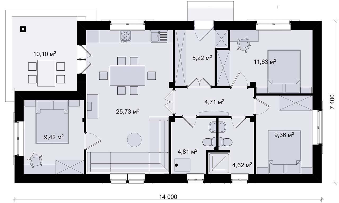 план проекта одноэтажного трёхкомнатного дома 8х14 метров