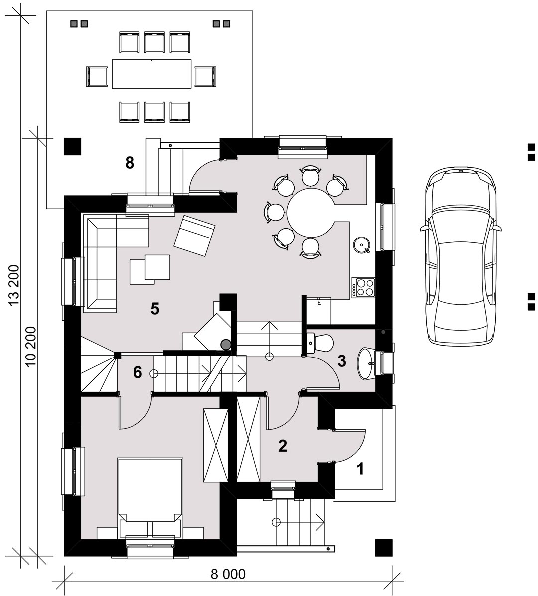 СНЕГИРИ - план 1-го этажа 5-комнатного дома со смещением этажей - готовый проект от Инваполис