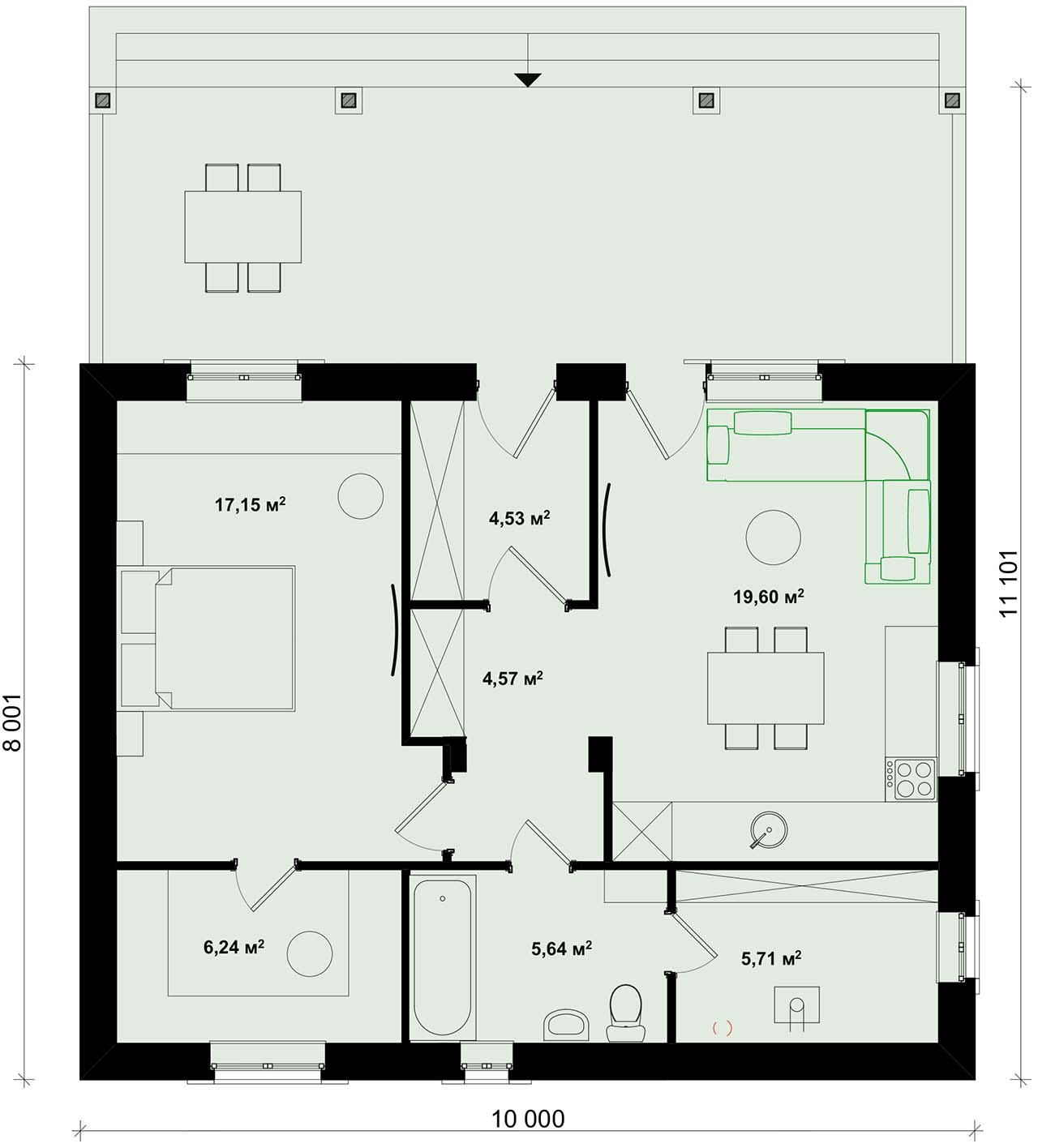 вариант плана с одной спальней и гардеробной