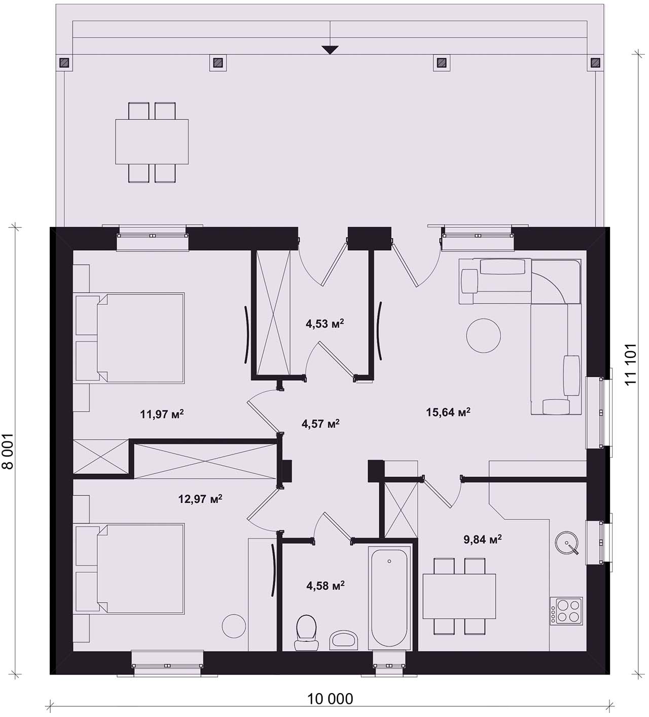 с 2 спальнями и отдельной кухней вариант плана с 2 спальнями и отдельной кухней