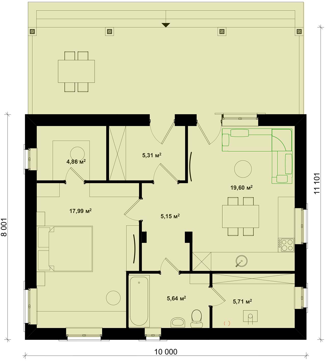 вариант плана с 1 спальней и увеличенной прихожей