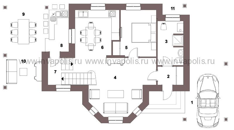 СОКОЛ - план шале 100 м2 с 3 спальнями, гостиной и эркером - готовый проект от Инваполис
