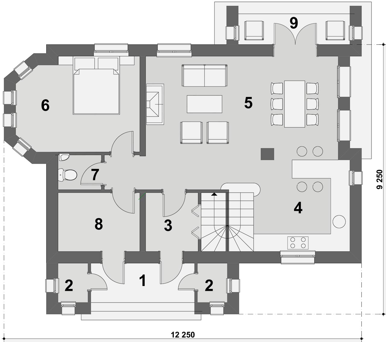 план первого этажа 6-комнатного коттеджа 12 на 9 метров стильный
