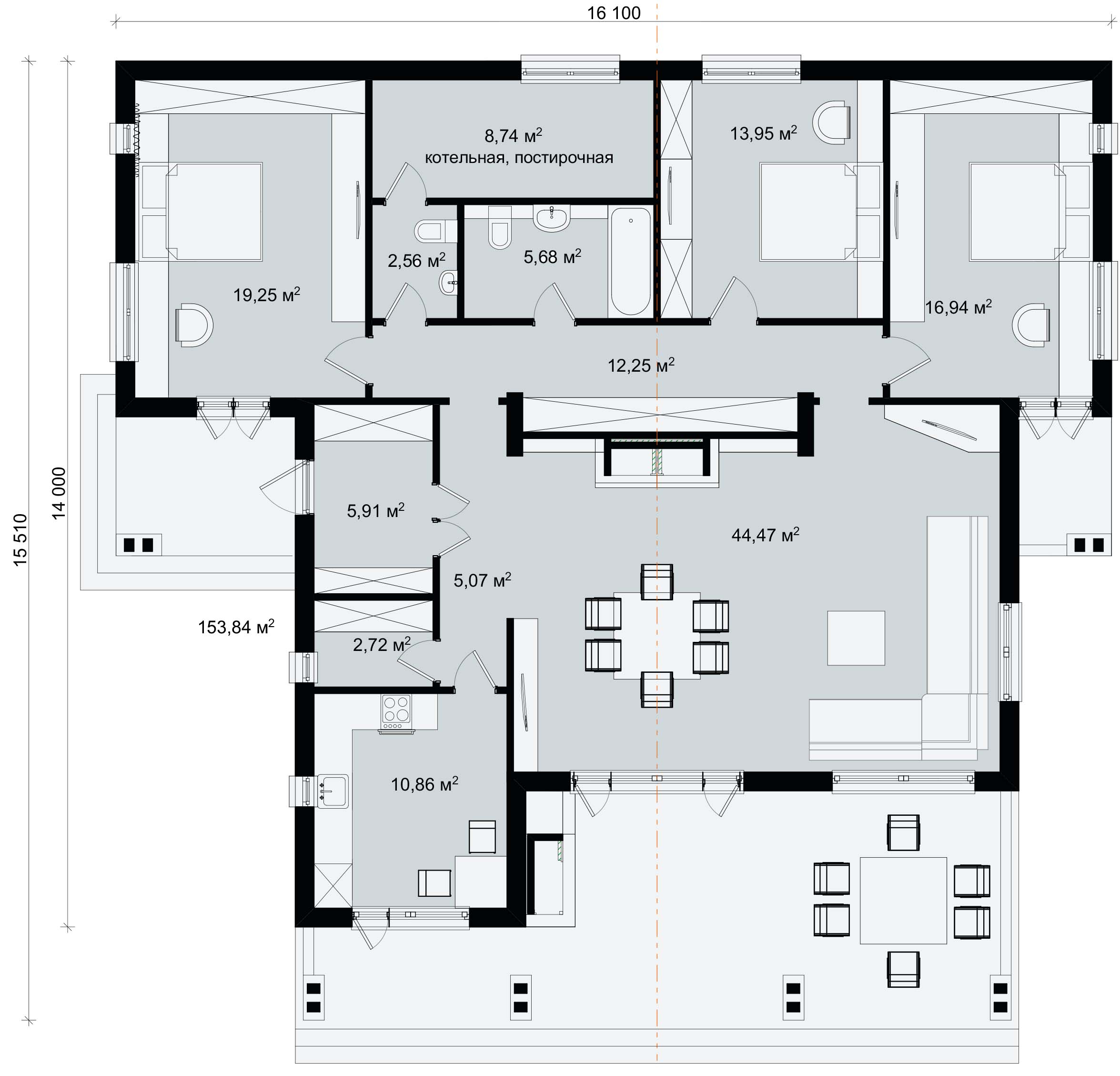 план проекта одноэтажного дома 150 м2