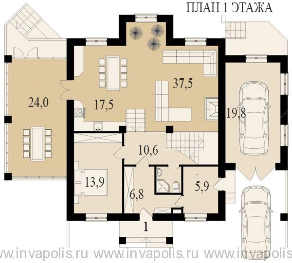 План 1 этажа дома шале - планировка удобна для расположения коттеджа на участке со склоном