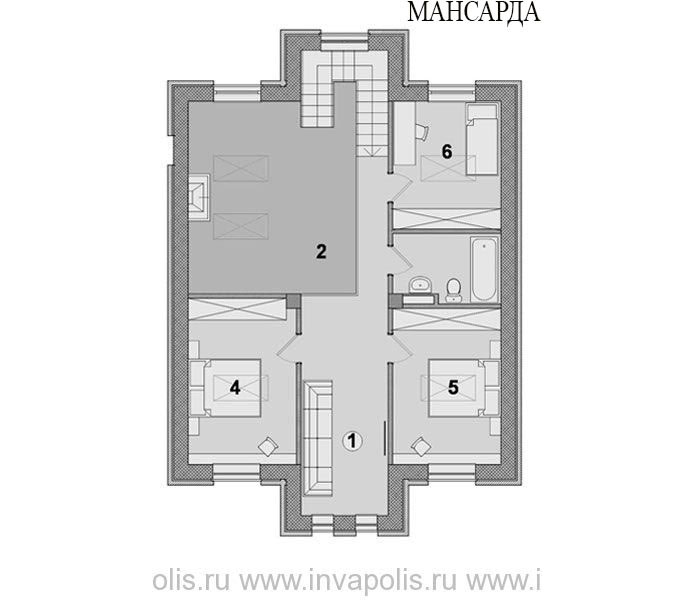 План мансарды дома - удобный холл, ванная и три спальни