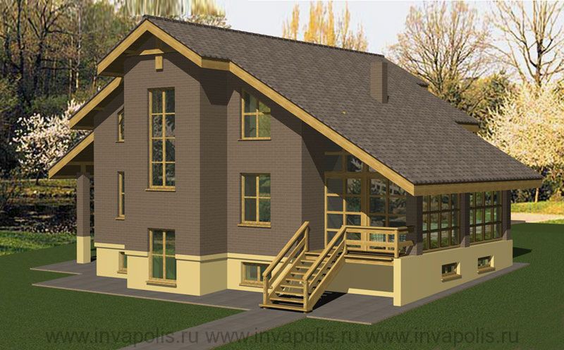 Проект дома с мансардой  - визуализация садового фасада со стороны террасы