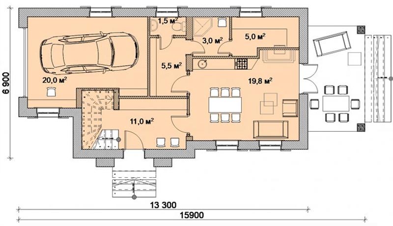 БАНЯ ЦВЕТЫ ЖИЗНИ - план первого этажа узкого гостевого дома с гаражом - готовый проект от Инваполис