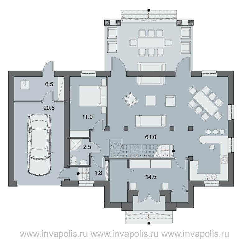 план первого этажа двухэтажного дома с пристроенным гаражом