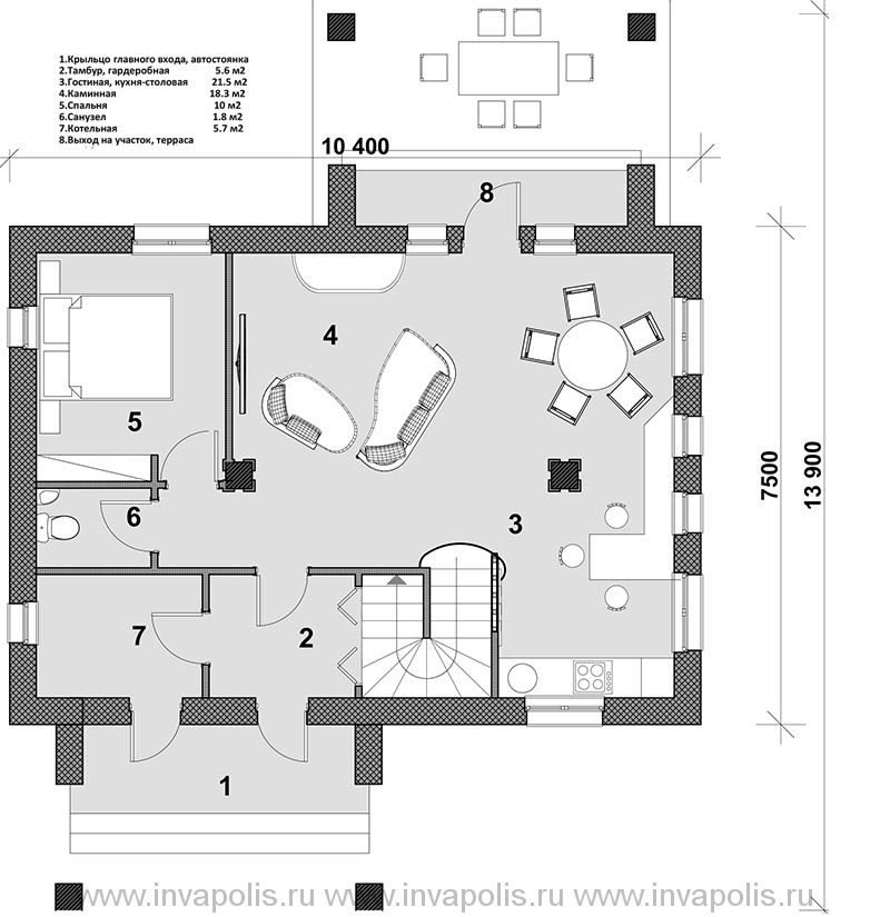 План 1 этажа коттеджа 11 на 14 со свободной планировкой