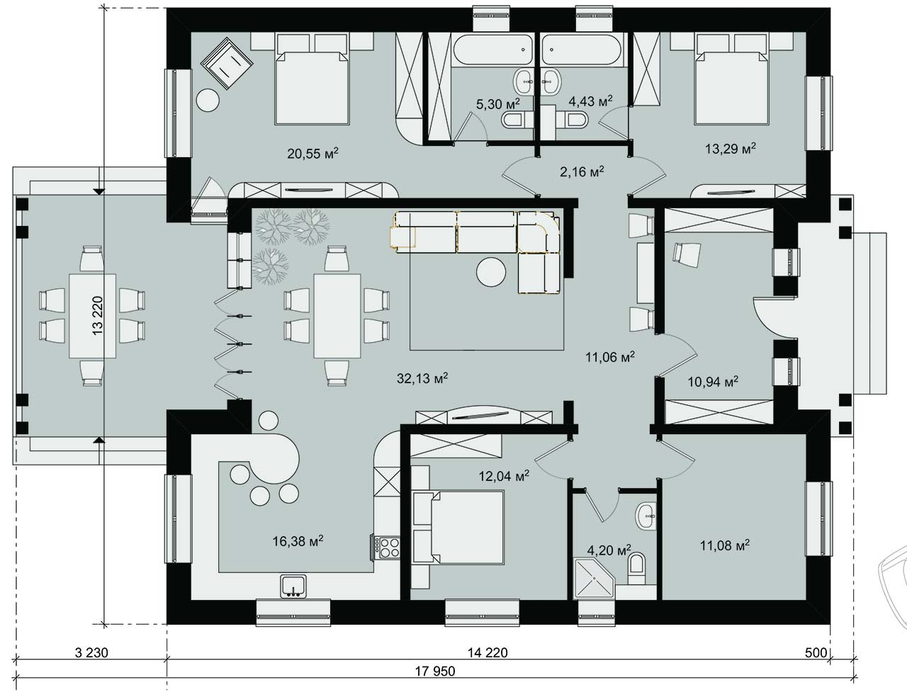 Планировка в проекте одноэтажного 4-комнатного дома 140 м2
