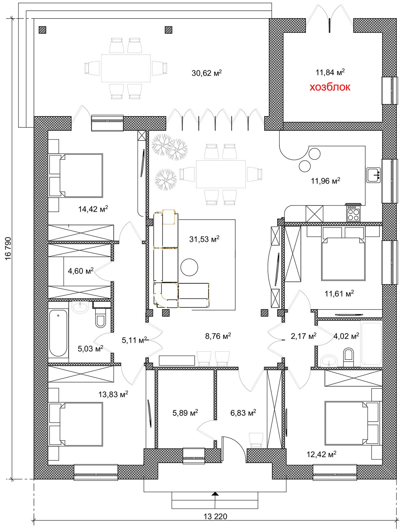 План одноэтажного дома с 4 спальнями террасой и хозблоком