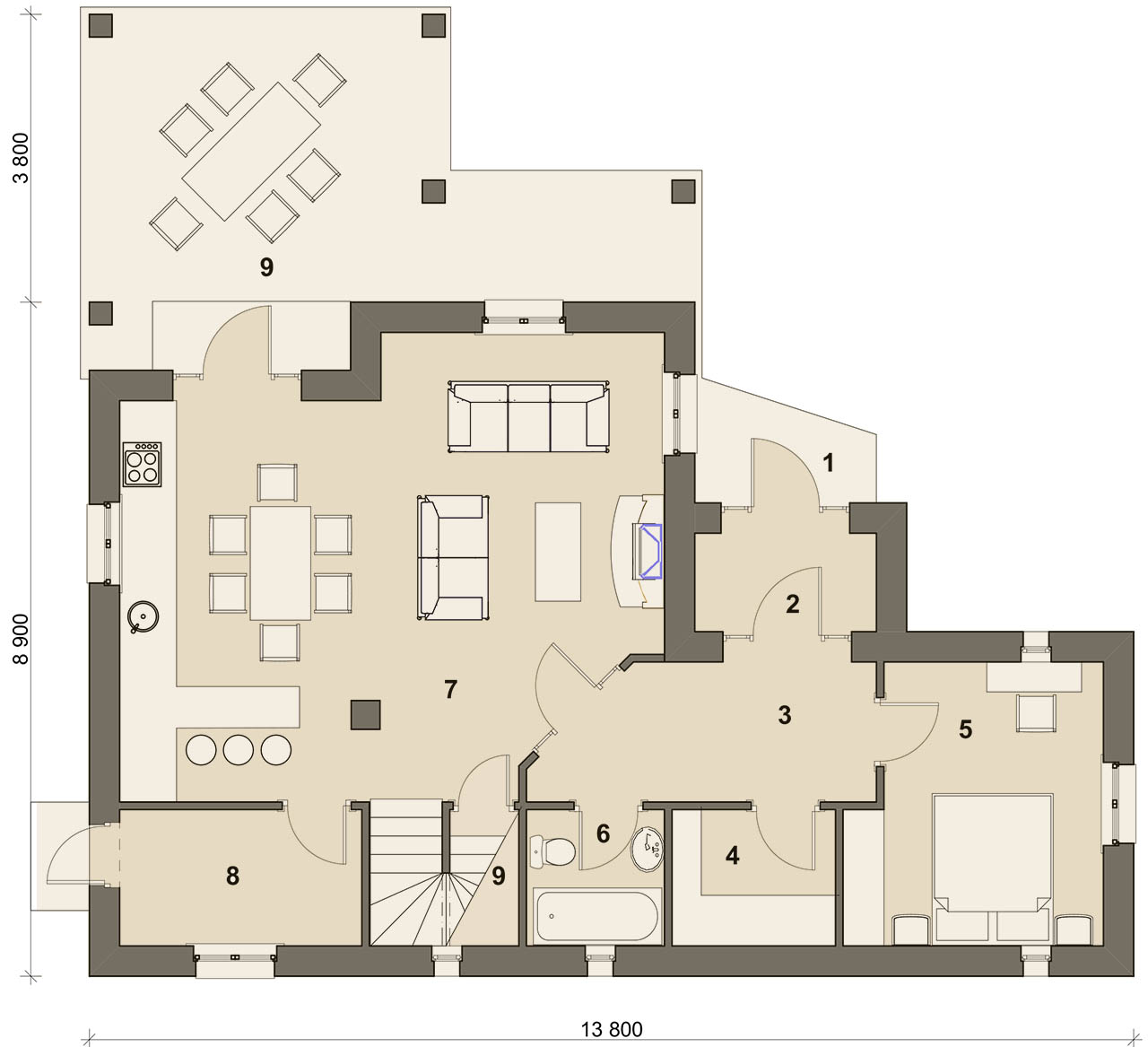 план первого этажа углового дома с большими террасами