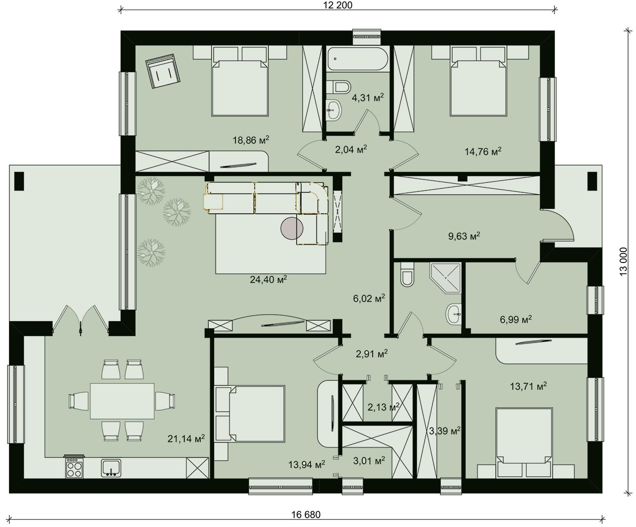 план современного одноэтажного 4 комнатного дома