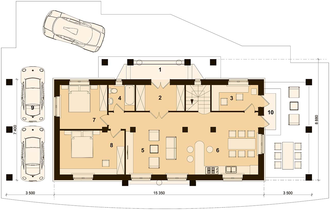 План первого этажа узкого дома РИО с мезонином размером 7 х 15 метров