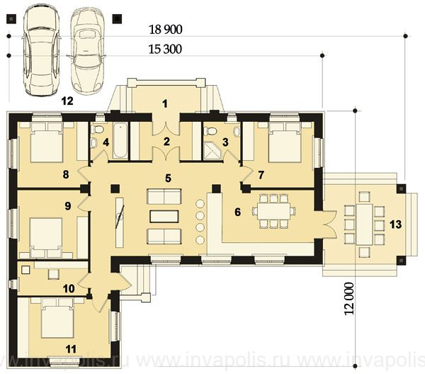 проект одноэтажного дома с 4 спальнями и террасой