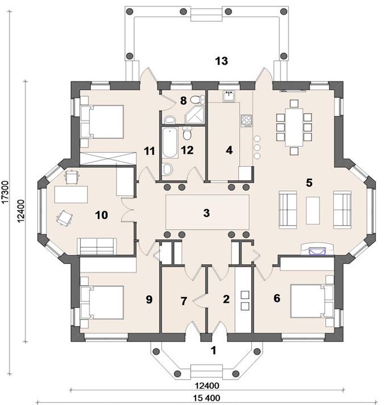 Проект одноэтажного дома с 4 спальнями и 2 эркерами
