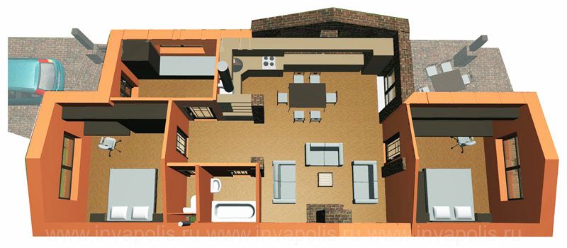 Планировка узкого одноэтажного дома ЮРМАЛА 70 м2 с двумя спальнями от архитектурного бюро Инваполис - вид комнат сверху