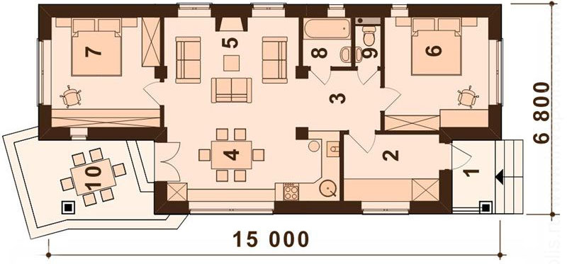 Проект одноэтажного узкого дома 7х15 с 2 спальнями