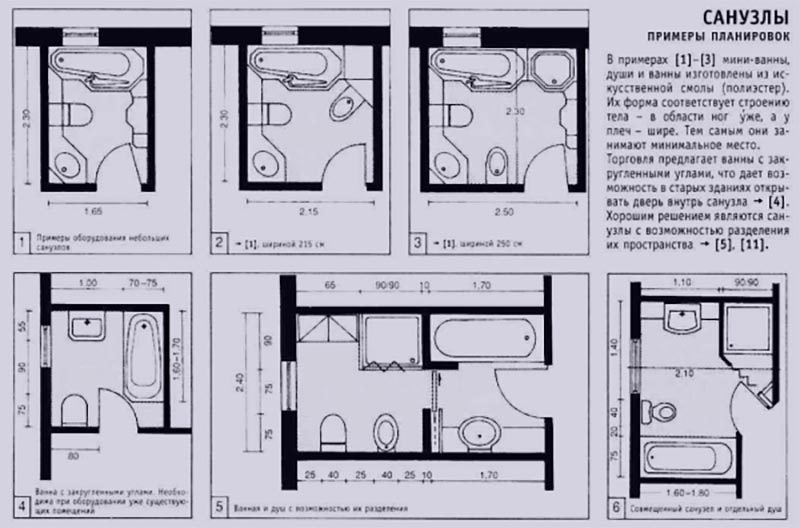 компоновка маленьких уборных и душевых